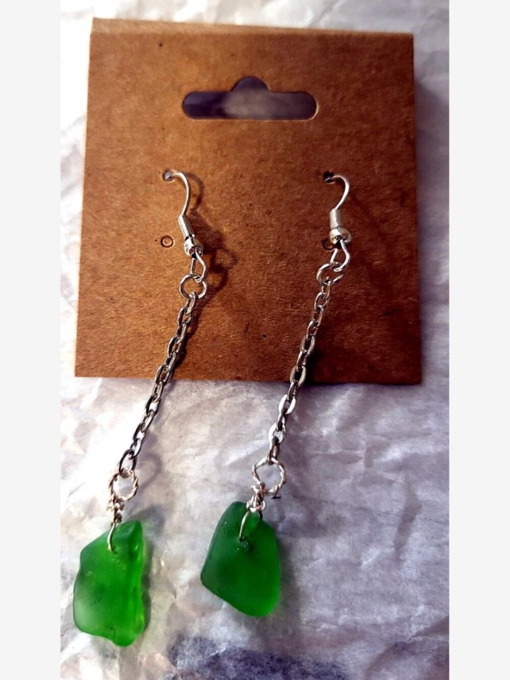 Green Sea Glass Dangle Earrings - Handmade